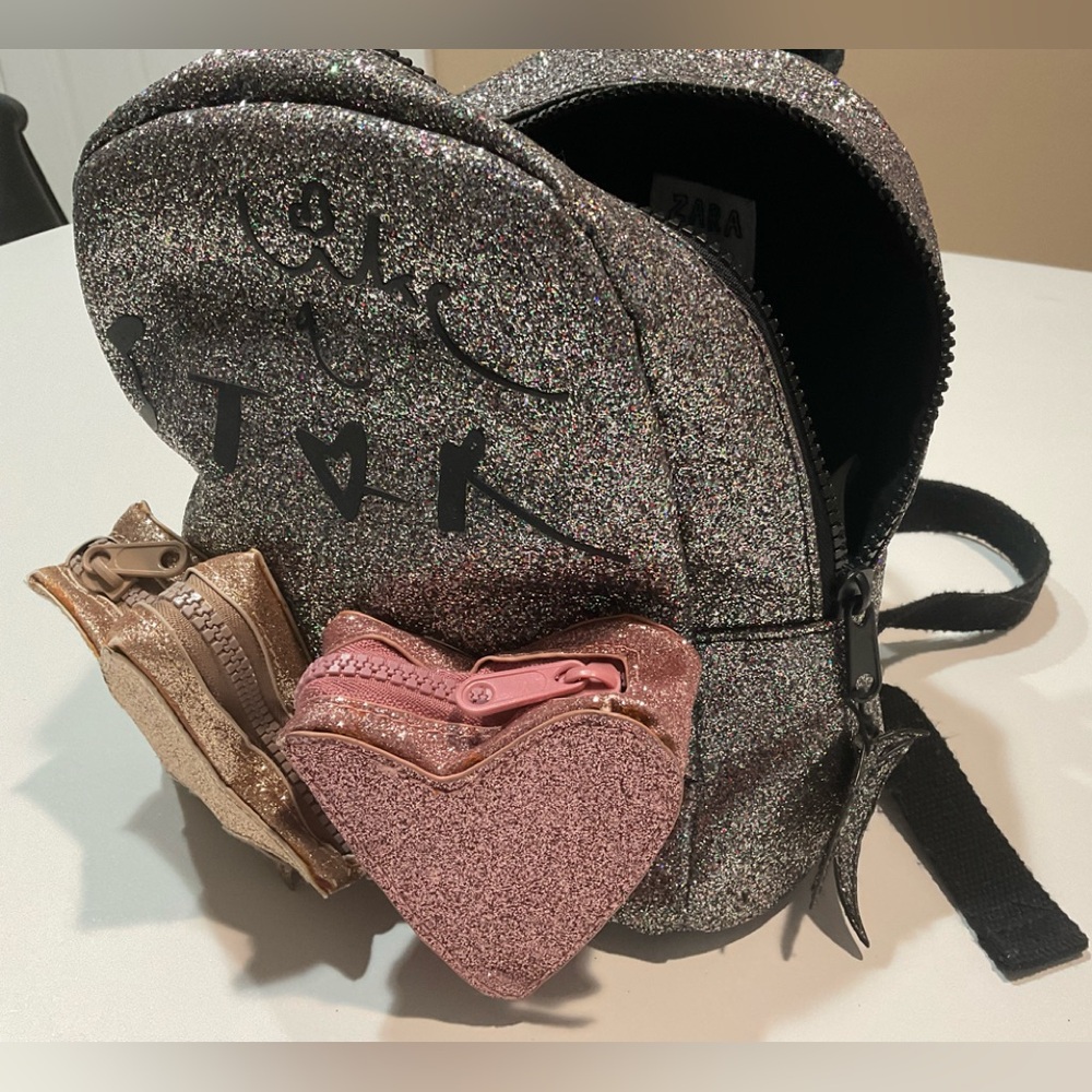 🌹🌹🌹Zara Girls Glittered Backpack With Two Decorative Zipped Front Pockets,…